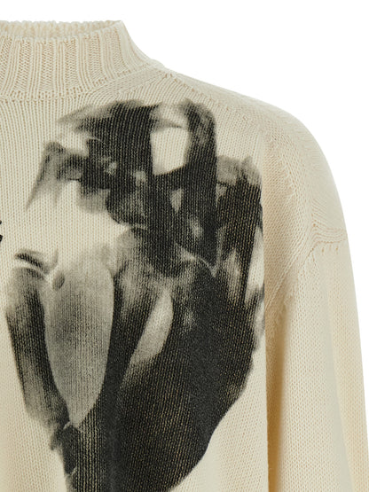 Cardigan by Undercover for men in wool acrylic white & print presents a textural silhouette, artfully finished with a textural crew neckline and for a sophisticated, textural look.