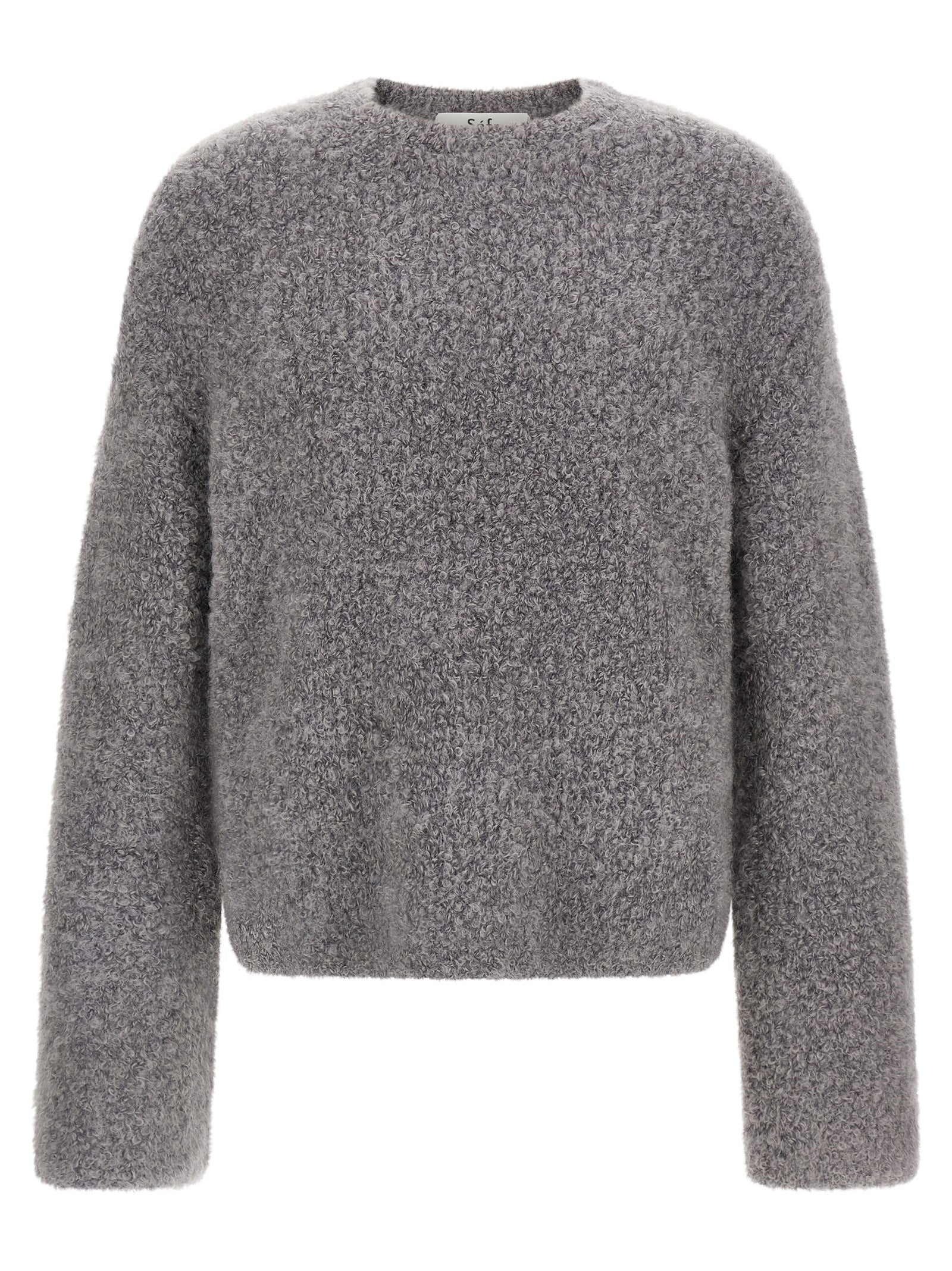Cardigan by SÉFR for men in mohair wool & nylon gray presents a textural silhouette, artfully finished with a textural boat neckline and long-sleeve for a sophisticated, textural look.