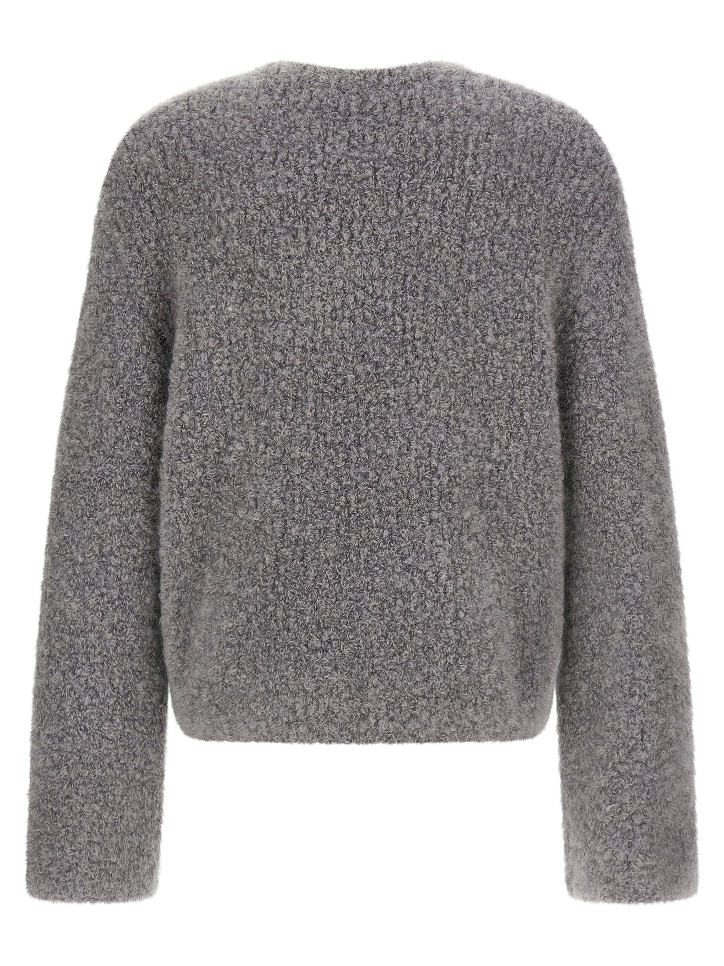 Cardigan by SÉFR for men in mohair wool & nylon gray features a nuanced silhouette with a refined boat neckline and nuanced detailing for a sophisticated look.
