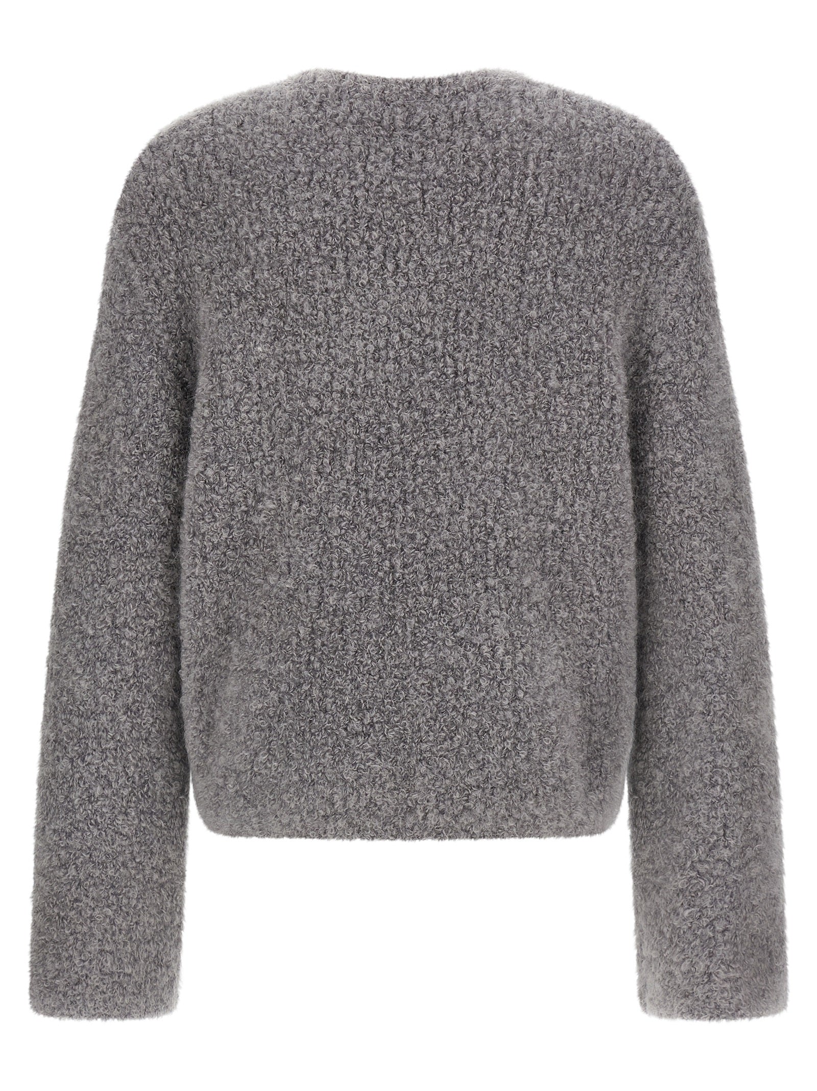 Cardigan by SÉFR for men in mohair wool & nylon gray features a nuanced silhouette with a refined boat neckline and nuanced detailing for a sophisticated look.