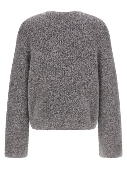 Cardigan by SÉFR for men in mohair wool & nylon gray features a nuanced silhouette with a refined boat neckline and nuanced detailing for a sophisticated look.