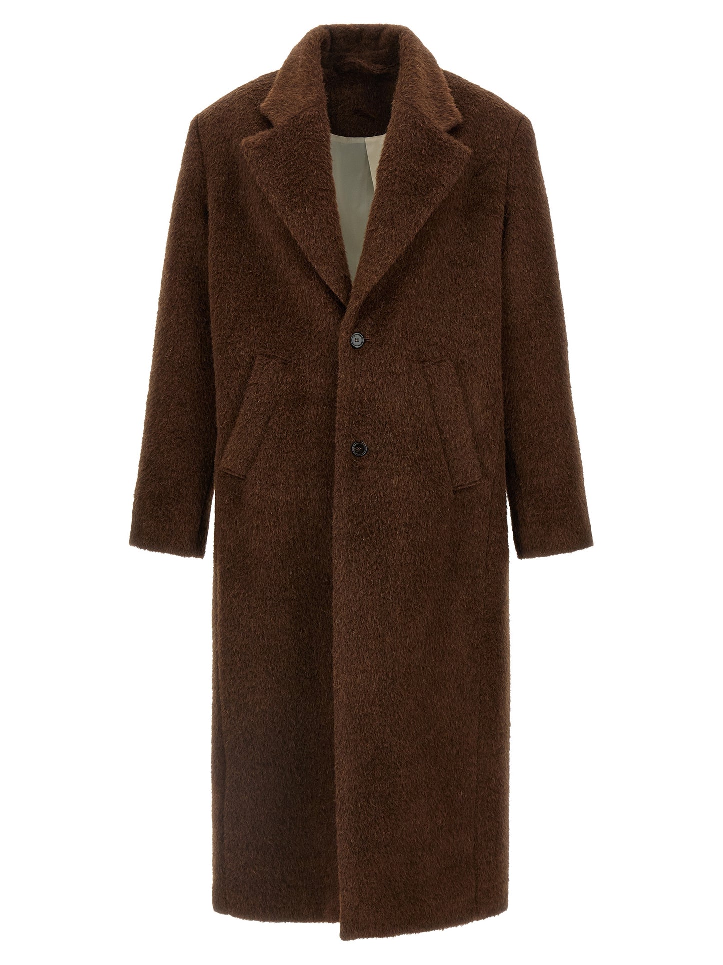 Overcoat by SÉFR for men in viscose mohair & alpaca wool brown & horn features an voluminous silhouette, showcasing distinct pockets & insulated and a voluminous split lapel neckline for a truly voluminous aesthetic.