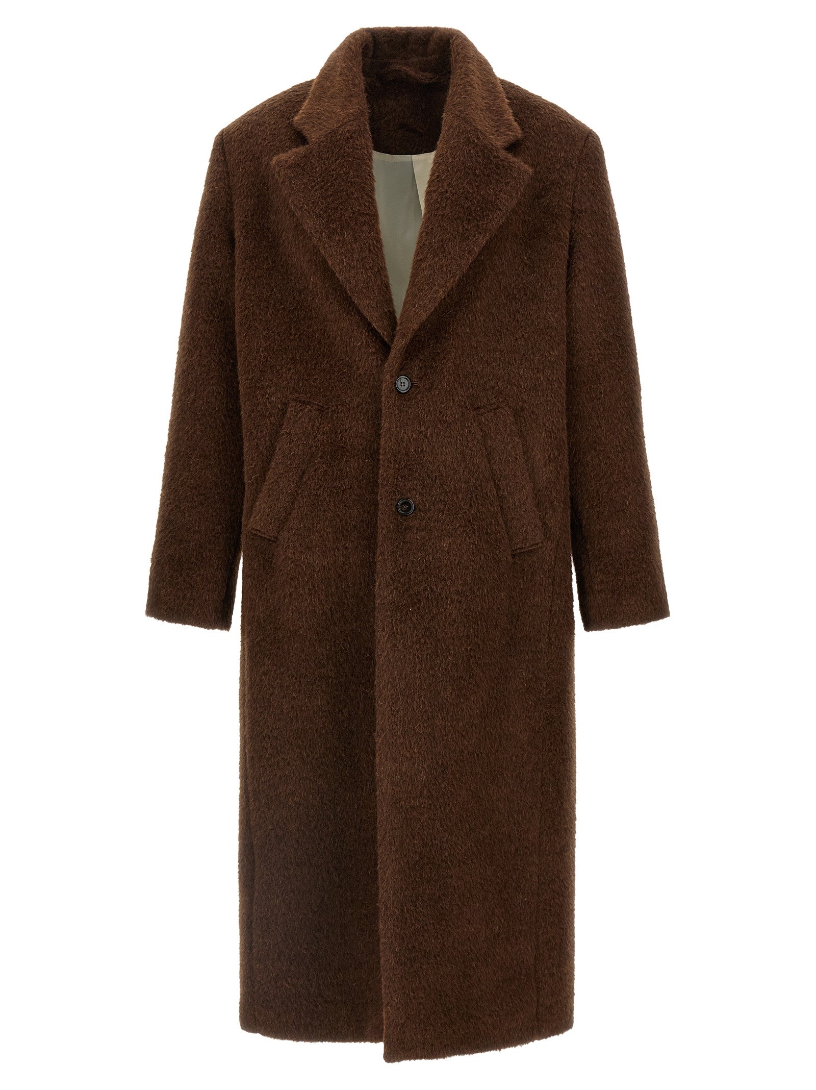 Overcoat by SÉFR for men in viscose mohair & alpaca wool brown & horn features an voluminous silhouette, showcasing distinct pockets & insulated and a voluminous split lapel neckline for a truly voluminous aesthetic.