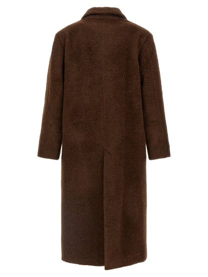 Overcoat by SÉFR for men in viscose mohair & alpaca wool brown & horn features an satoral silhouette, showcasing a sophisticated split lapel neckline and satoral pockets & insulated for a premium, timeless look.