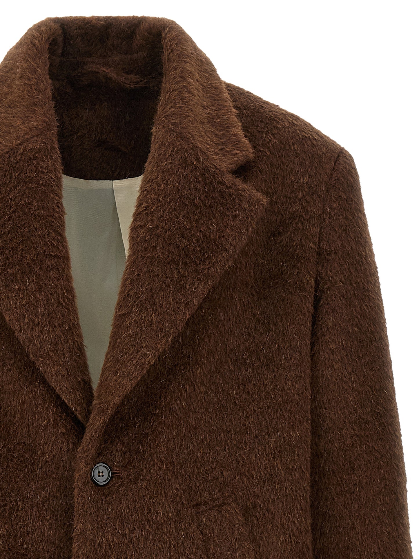 Overcoat by SÉFR for men in viscose mohair & alpaca wool brown & horn presents a luxurious silhouette, showcasing a luxurious split lapel neckline and sophisticated pockets & insulated for a premium, luxurious look.