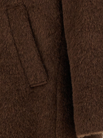 Overcoat by SÉFR for men in viscose mohair & alpaca wool brown & horn showcases a enveloping silhouette, detailed with distinctive pockets & insulated and a enveloping .
