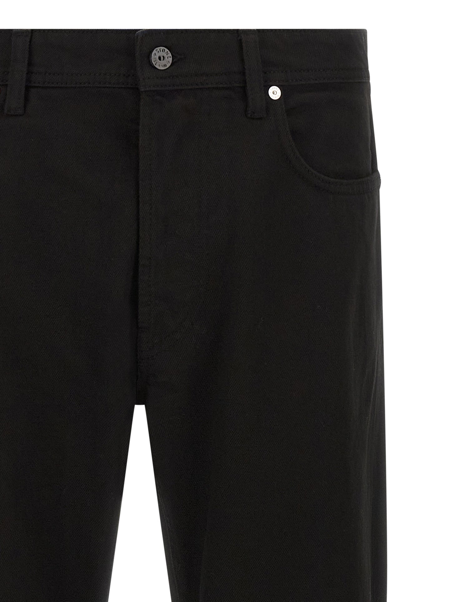 Jeans by Stone Island for men in denim cotton black & signature features a polished silhouette with a polished straight-leg, reaching a polished long and finished with a polished .
