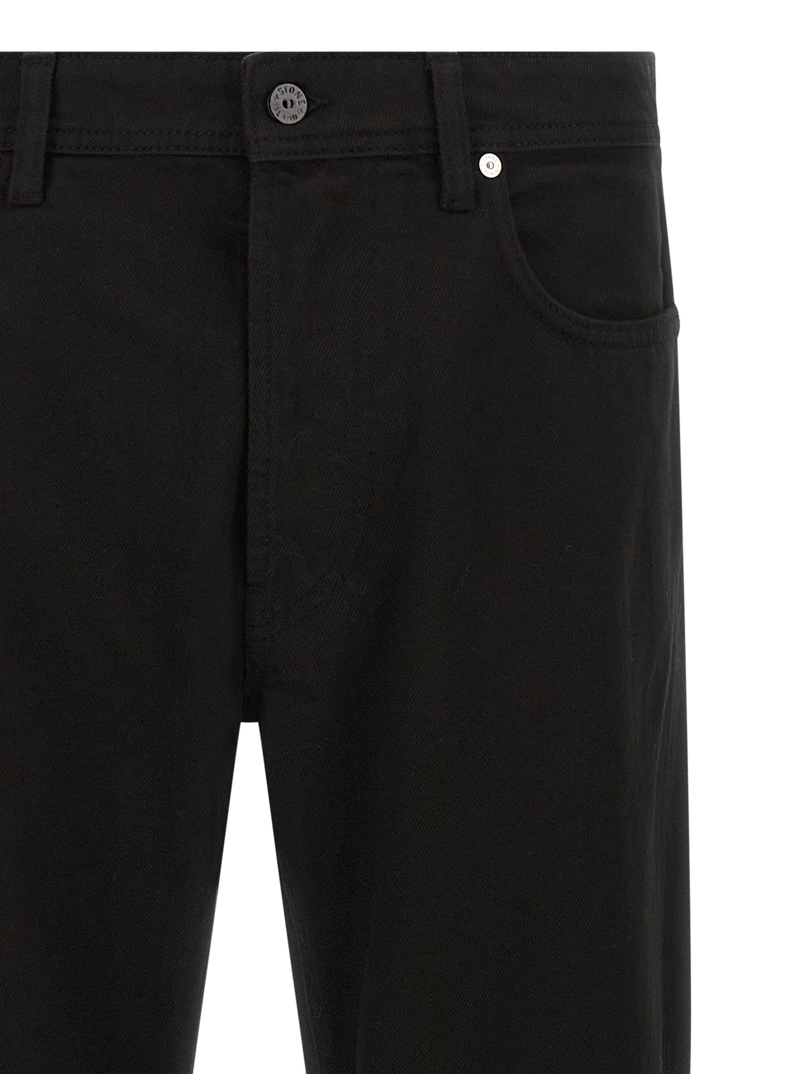 Jeans by Stone Island for men in denim cotton black & signature features a polished silhouette with a polished straight-leg, reaching a polished long and finished with a polished .