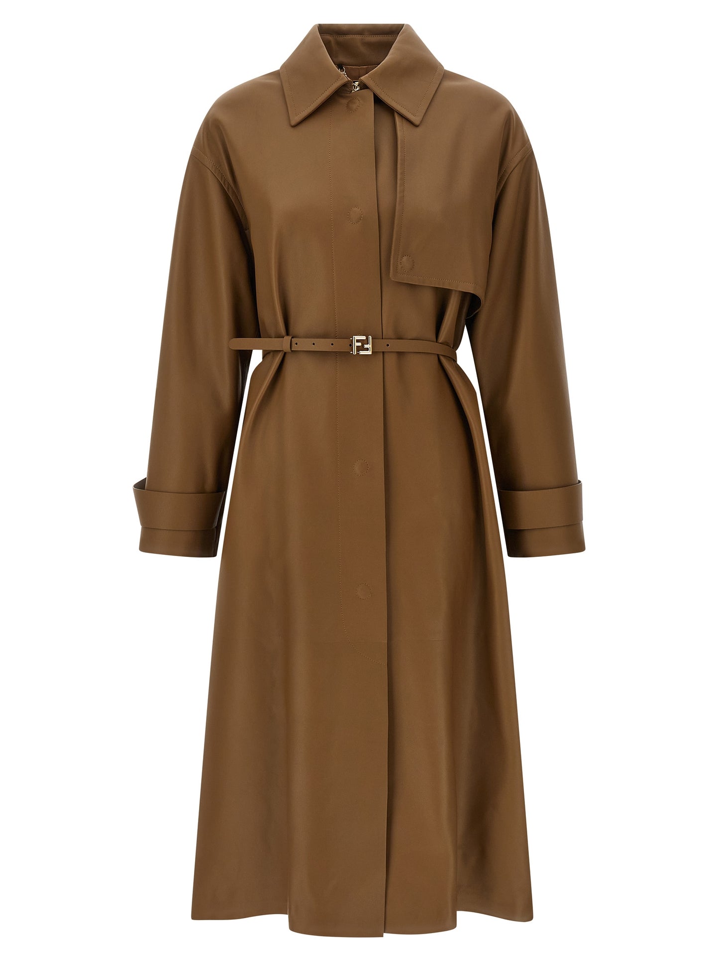 Trench Coat by Fendi for women in viscose & lamb leather brown & monogram showcases a contemporary silhouette, detailed with a contemporary split shirt-collar neckline and distinctive for a truly contemporary finish.