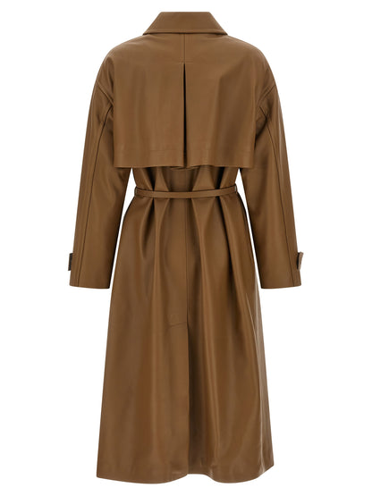 Trench Coat by Fendi for women in viscose & lamb leather brown & monogram features an dramatic silhouette, perfectly showcasing the elegant split shirt-collar neckline and sophisticated for a truly dramatic aesthetic.