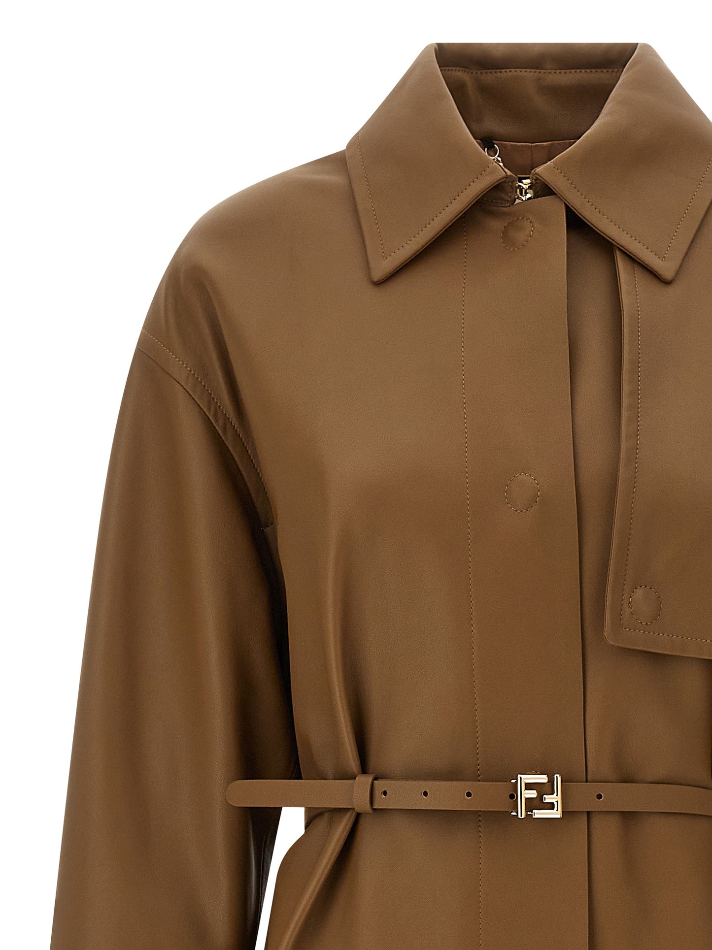 Trench Coat by Fendi for women in viscose & lamb leather brown & monogram presents a distinguished silhouette, artfully detailed with and a distinguished split shirt-collar neckline for a sophisticated, distinguished finish.