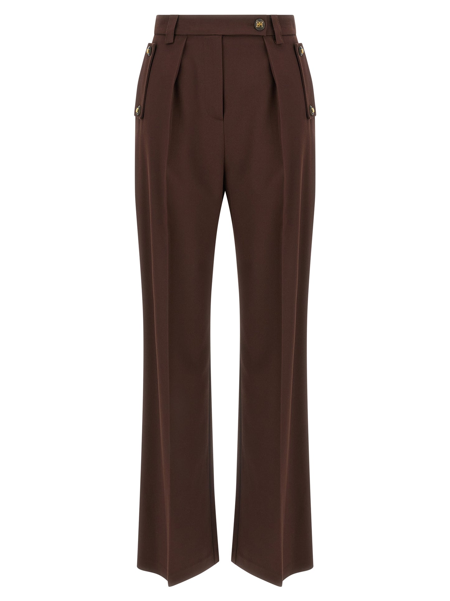 Trousers by Elisabetta Franchi for women in stretch viscose polyester brown features a tailored silhouette with a tailored wide, defined by its long and a sophisticated .