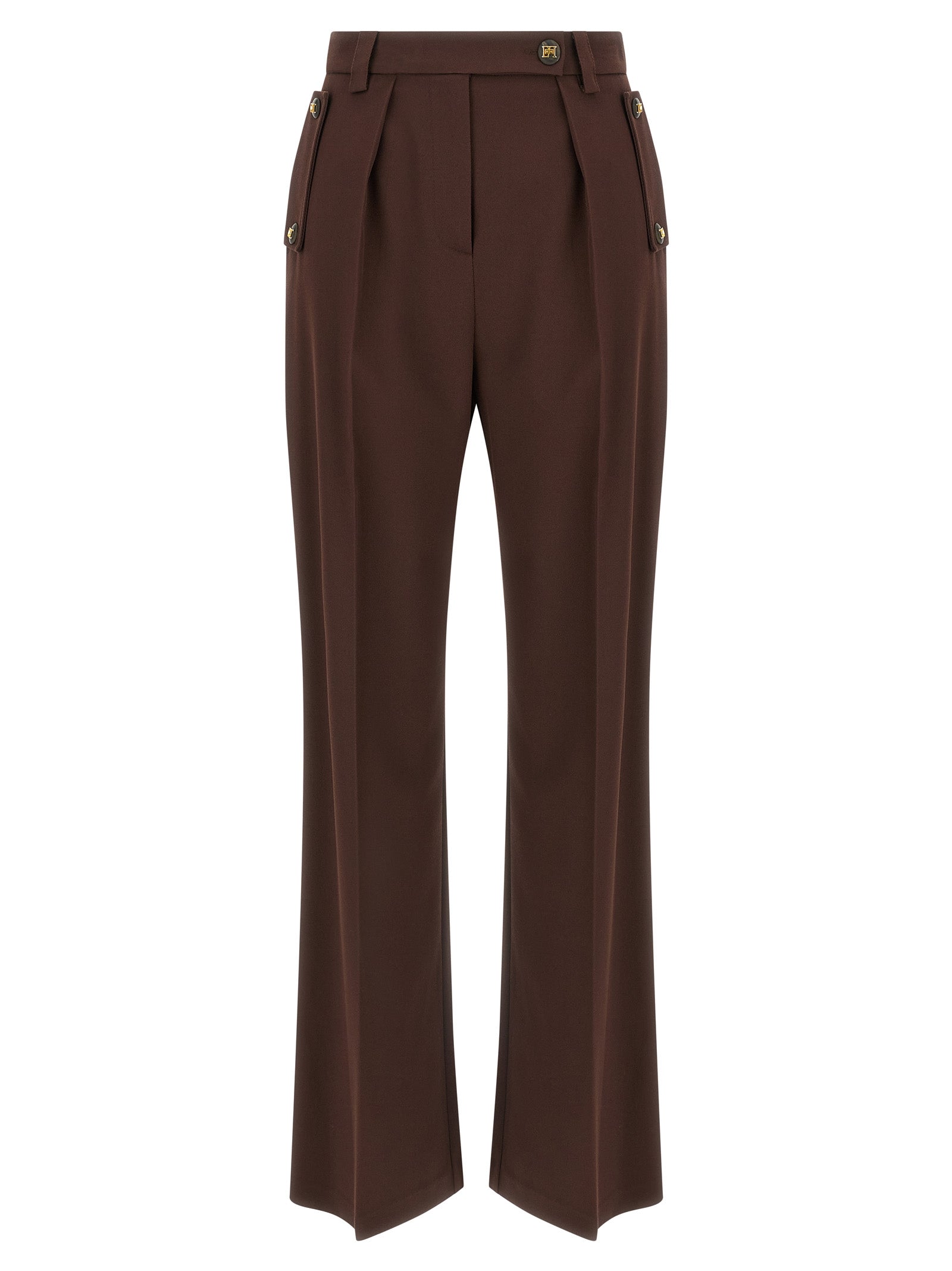 Trousers by Elisabetta Franchi for women in stretch viscose polyester brown features a tailored silhouette with a tailored wide, defined by its long and a sophisticated .