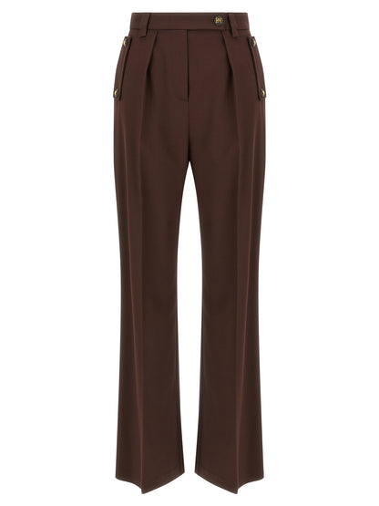 Trousers by Elisabetta Franchi for women in stretch viscose polyester brown features a tailored silhouette with a tailored wide, defined by its long and a sophisticated .