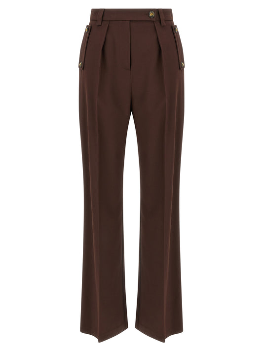 Trousers by Elisabetta Franchi for women in stretch viscose polyester brown features a tailored silhouette with a tailored wide, defined by its long and a sophisticated .