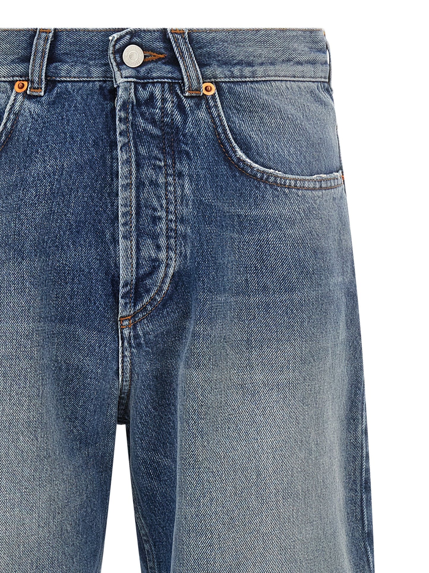 Jeans by Magliano for men in denim cotton blue & signature features an sartorial straight-leg, regular-fit & wide and long with a cut for a sartorial finish.