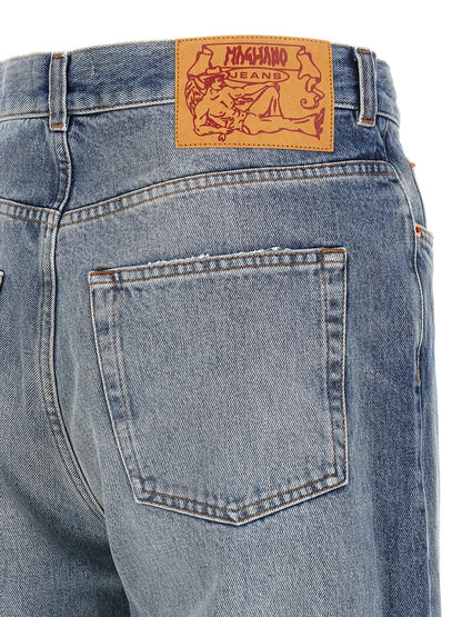 Jeans by Magliano for men in denim cotton blue & signature presents a tailored silhouette, showcasing a tailored straight-leg, regular-fit & wide and long cut with a refined for a truly tailored aesthetic.