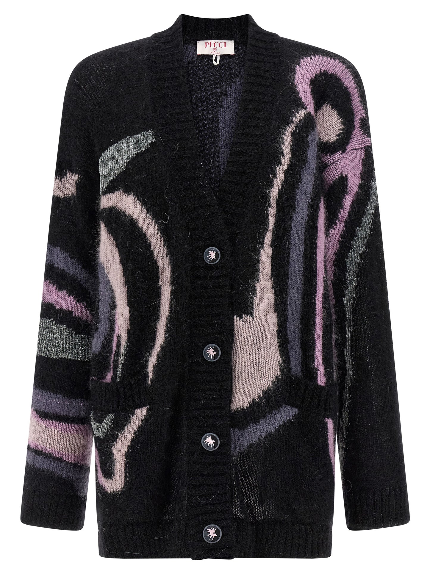 Cardigan by Emilio Pucci for women in mohair wool & viscose black & print presents a textural silhouette, artfully finished with a textural v-neck neckline and long-sleeve for a sophisticated, textural look.