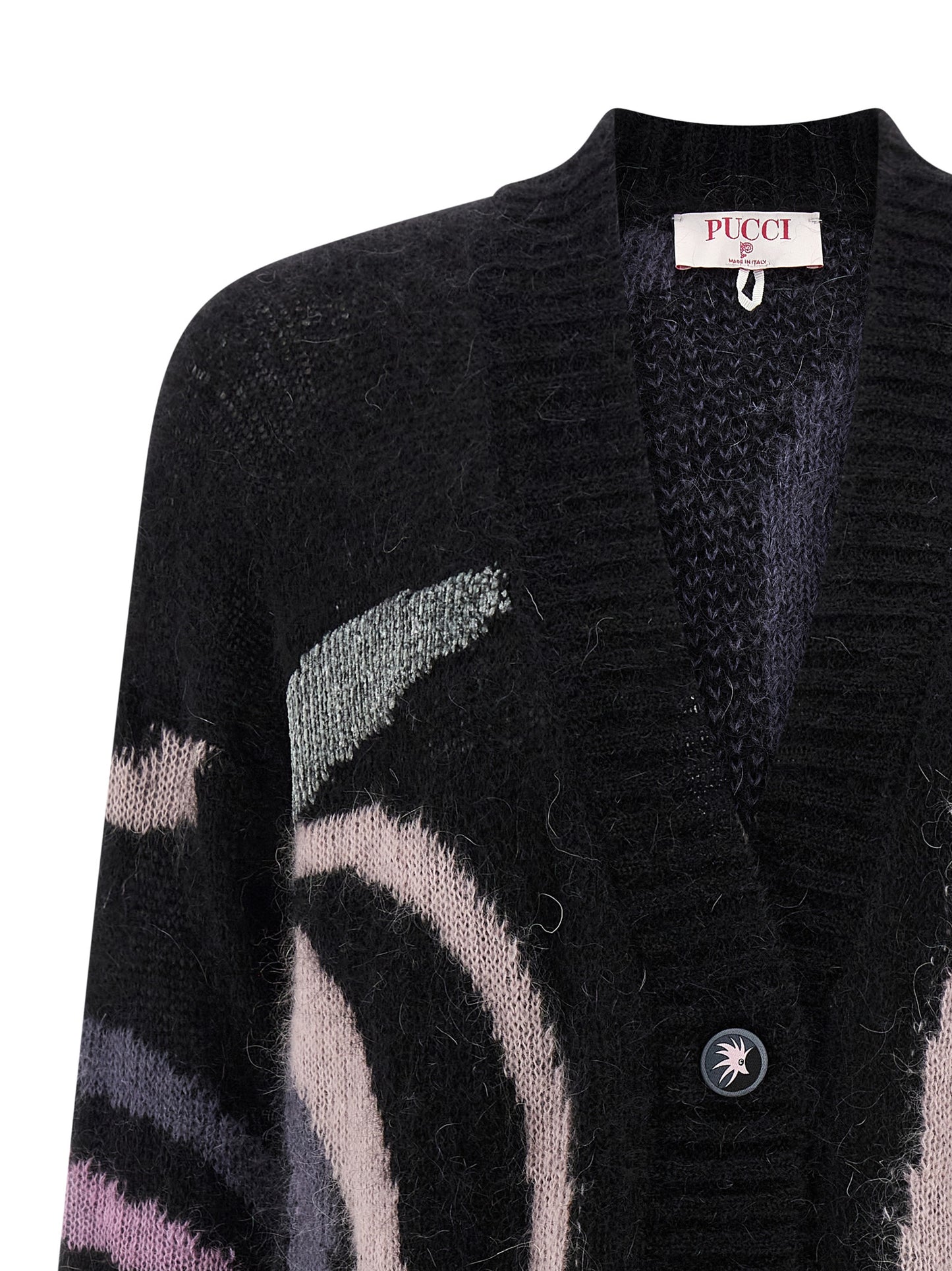 Cardigan by Emilio Pucci for women in mohair wool & viscose black & print showcases a luxurious silhouette, meticulously detailed with a sophisticated v-neck neckline and for a refined finish.