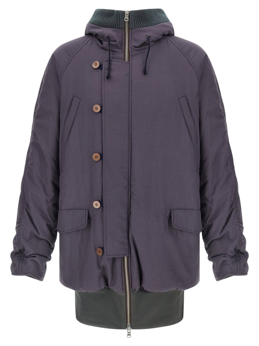Hooded Parka by Magliano for men in virgin wool & cotton purple, presenting a cosy silhouette with distinctive pockets, hooded & insulated and a refined hooded neckline.