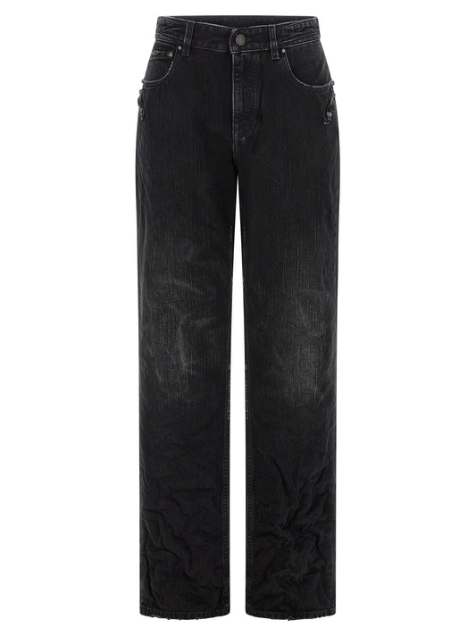 Jeans by Balenciaga for women in denim cotton black features an sophisticated mid rise and straight-leg with a precise long, creating a sophisticated and sophisticated silhouette.