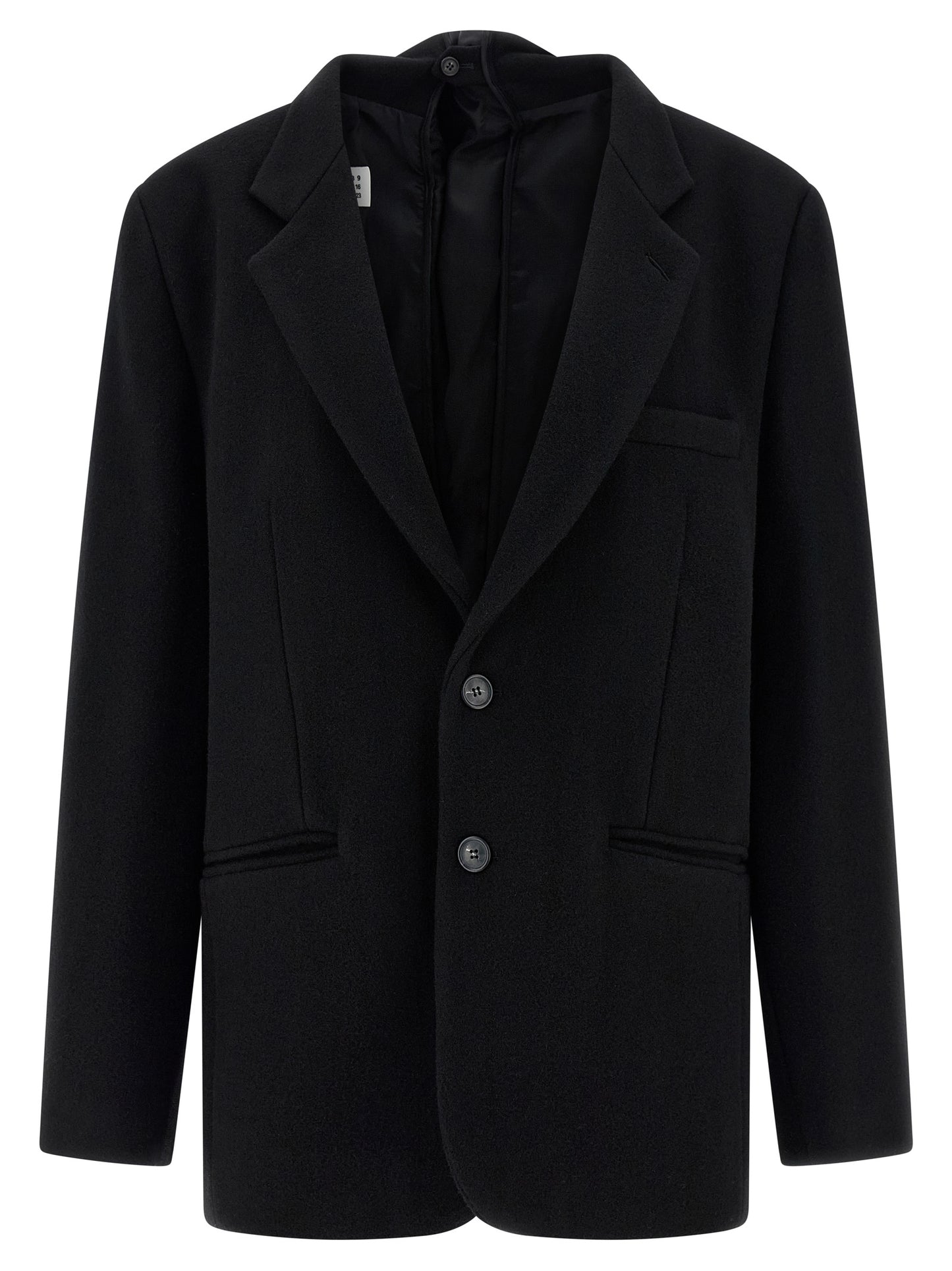 This Blazer by MM6 Maison Margiela for women in polyester & virgin wool black, white & signature presents a tailored silhouette, meticulously tailored with a tailored and distinctive for a tailored finish.