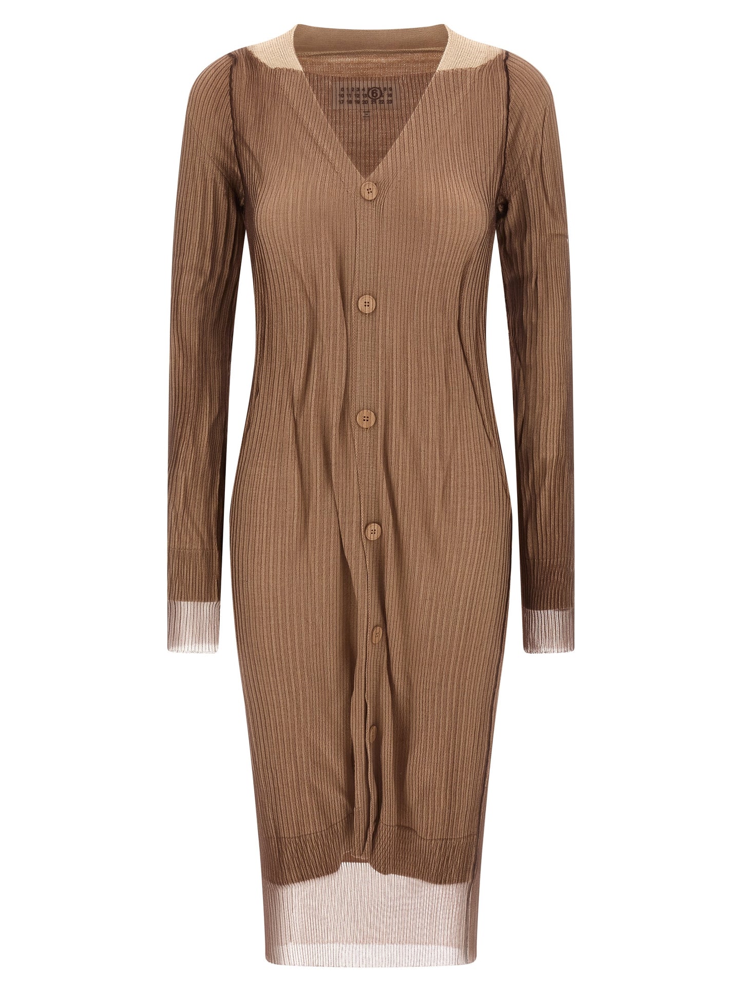 Dress by MM6 Maison Margiela for women in polyamide & mesh beige & transparent features an eye catching silhouette with a sophisticated v-neck boat neckline, elegant , and a refined midi for a eye catching aesthetic.