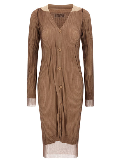 Dress by MM6 Maison Margiela for women in polyamide & mesh beige & transparent features an eye catching silhouette with a sophisticated v-neck boat neckline, elegant , and a refined midi for a eye catching aesthetic.