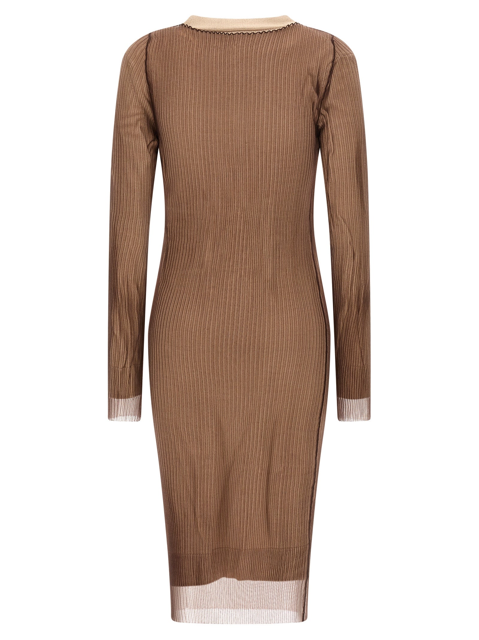 Dress by MM6 Maison Margiela for women in polyamide & mesh beige & transparent showcases a striking silhouette, elegantly detailed with a , refined v-neck boat neckline, and a striking midi for a striking finish.