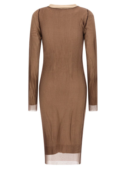 Dress by MM6 Maison Margiela for women in polyamide & mesh beige & transparent showcases a striking silhouette, elegantly detailed with a , refined v-neck boat neckline, and a striking midi for a striking finish.