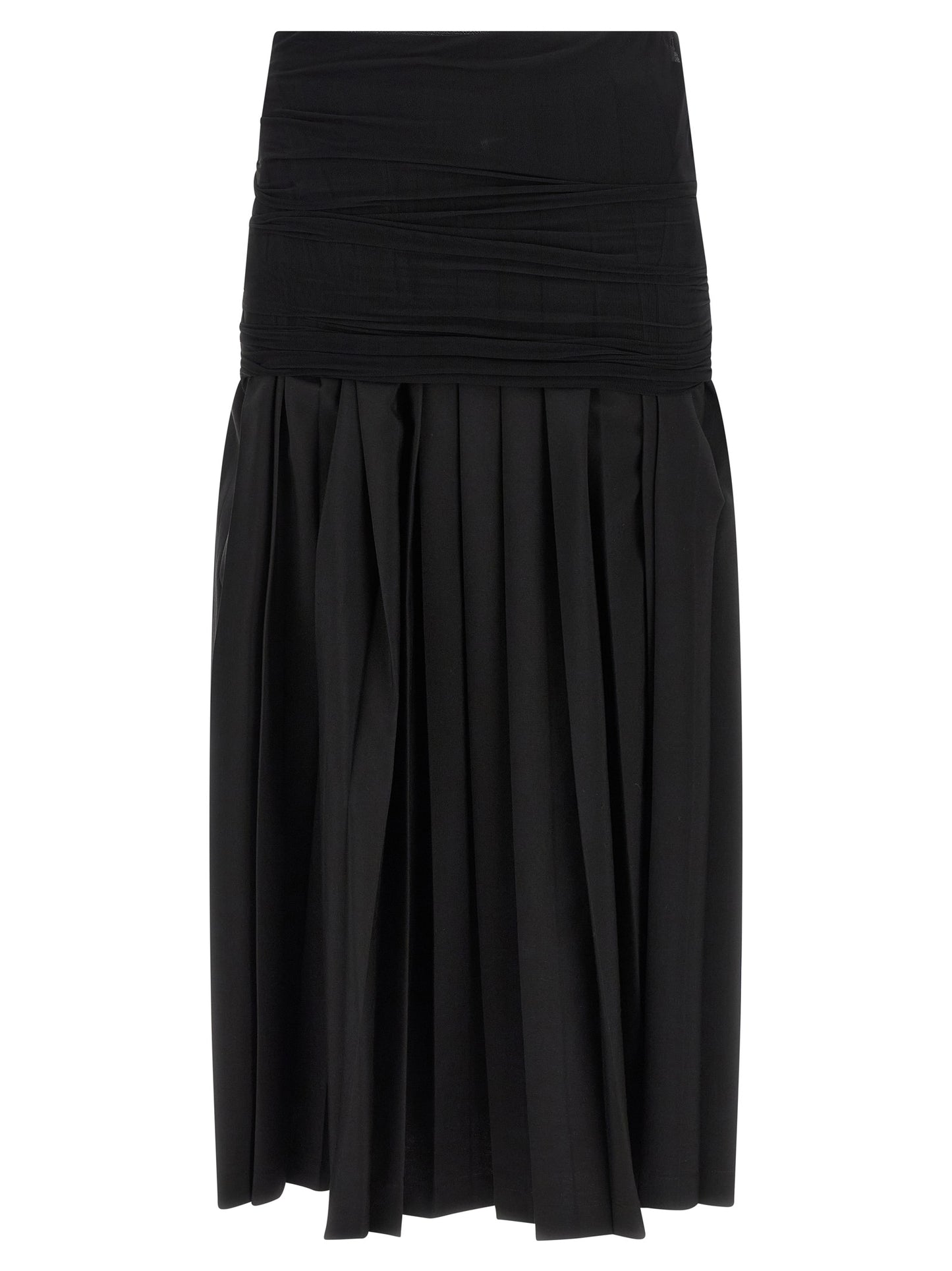 Skirt by MM6 Maison Margiela for women in wool & polyester black features a sublime silhouette, showcasing the sublime design of the Women's Pleated Flared Wool & Polyester Midi Skirt in a sophisticated midi.