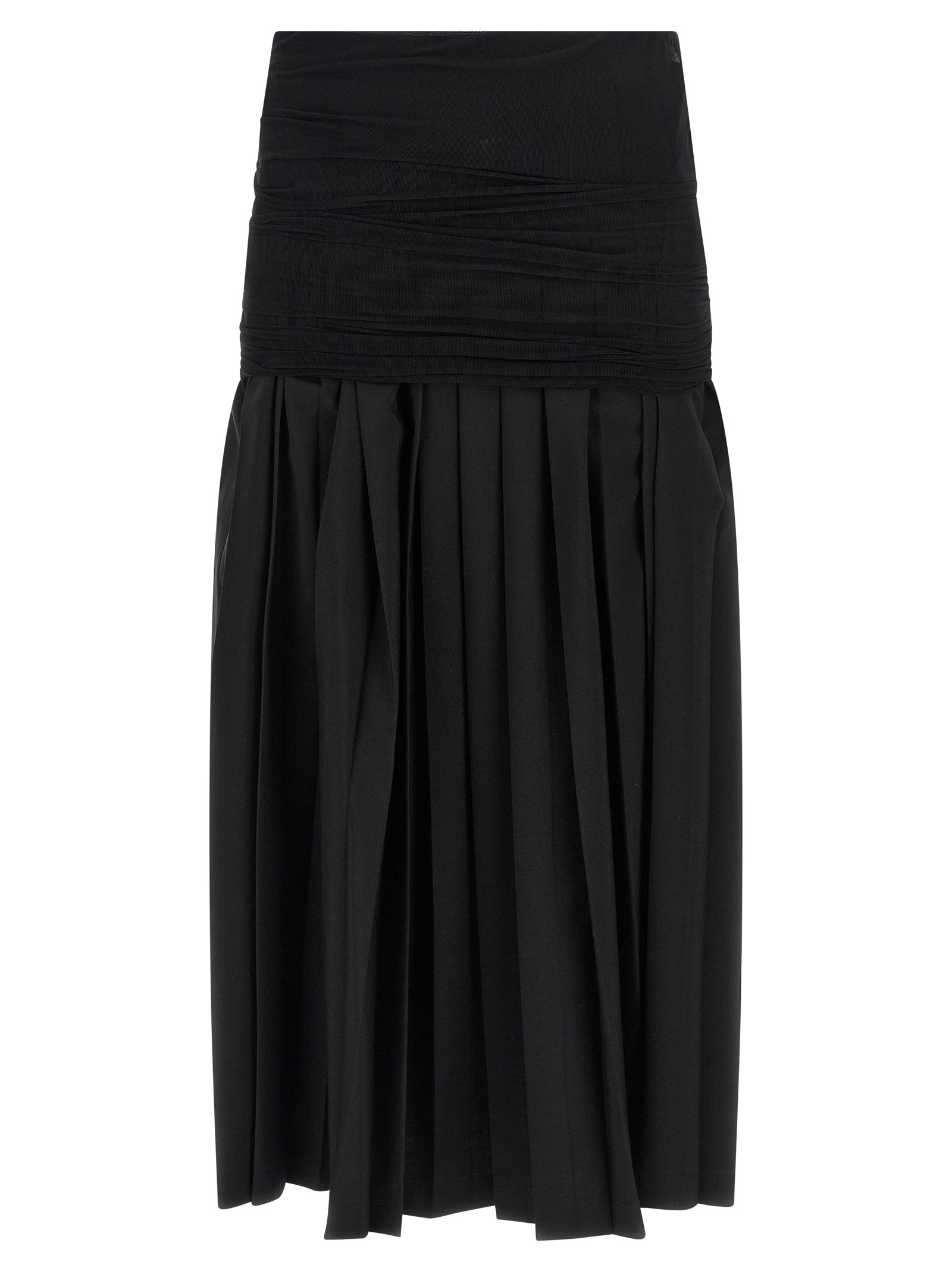 Skirt by MM6 Maison Margiela for women in wool & polyester black features a sublime silhouette, showcasing the sublime design of the Women's Pleated Flared Wool & Polyester Midi Skirt in a sophisticated midi.