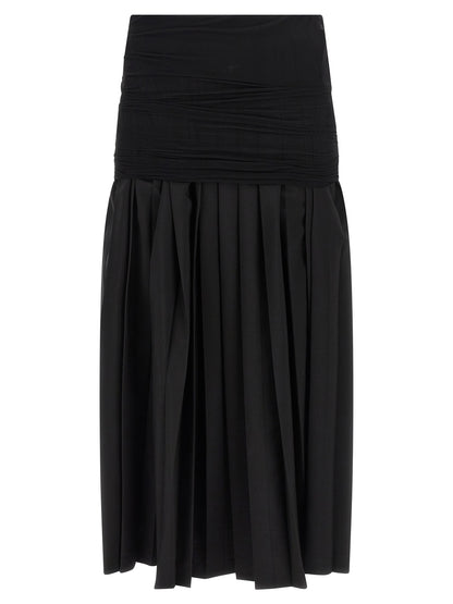 Skirt by MM6 Maison Margiela for women in wool & polyester black features a sublime silhouette, showcasing the sublime design of the Women's Pleated Flared Wool & Polyester Midi Skirt in a sophisticated midi.