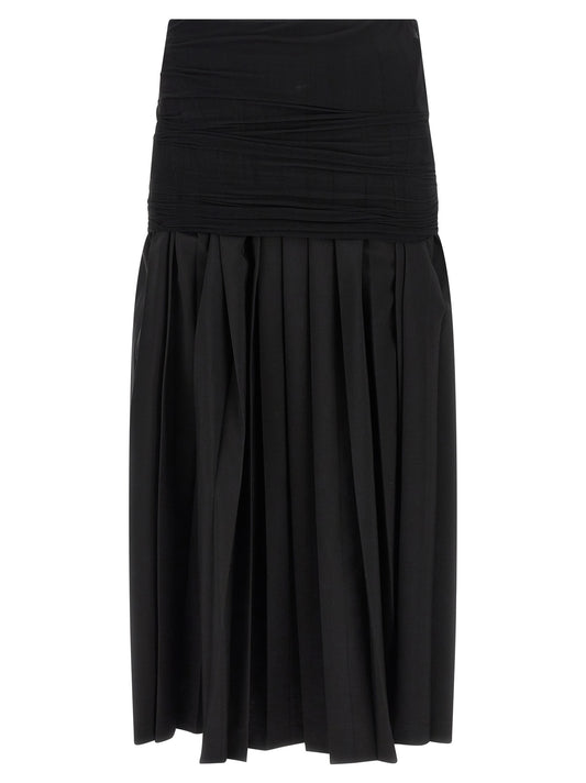 Skirt by MM6 Maison Margiela for women in wool & polyester black features a sublime silhouette, showcasing the sublime design of the Women's Pleated Flared Wool & Polyester Midi Skirt in a sophisticated midi.