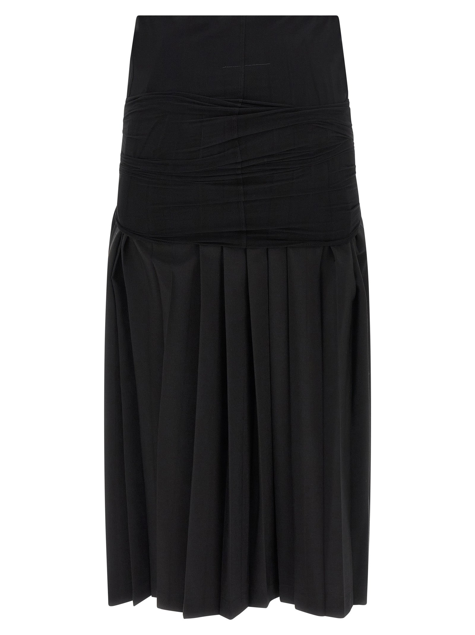 Skirt by MM6 Maison Margiela for women in wool & polyester black showcases a sultry silhouette, elegantly defined by its midi and the sophisticated sultry design of the Women's Pleated Flared Wool & Polyester Midi Skirt.