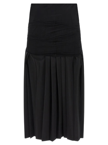 Skirt by MM6 Maison Margiela for women in wool & polyester black showcases a sultry silhouette, elegantly defined by its midi and the sophisticated sultry design of the Women's Pleated Flared Wool & Polyester Midi Skirt.