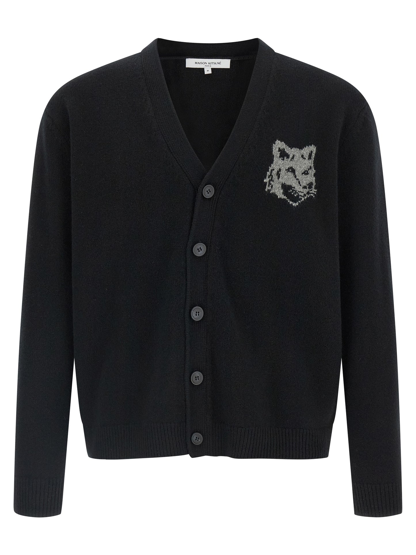 Cardigan by Maison Kitsuné for men in merino wool black showcases a captivating silhouette, artfully detailed with a captivating and v-neck neckline for a truly sophisticated captivating look.