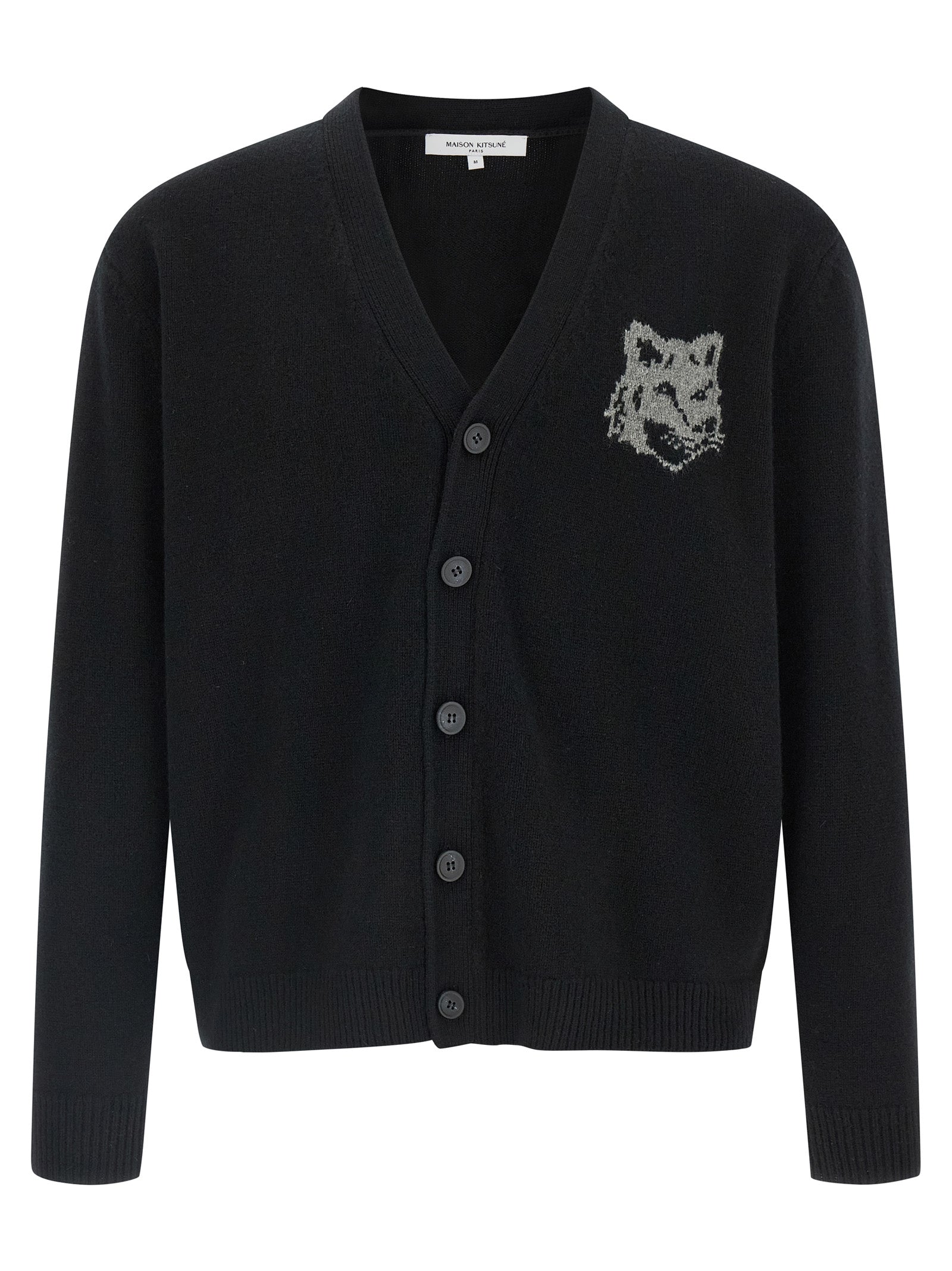 Cardigan by Maison Kitsuné for men in merino wool black showcases a captivating silhouette, artfully detailed with a captivating and v-neck neckline for a truly sophisticated captivating look.
