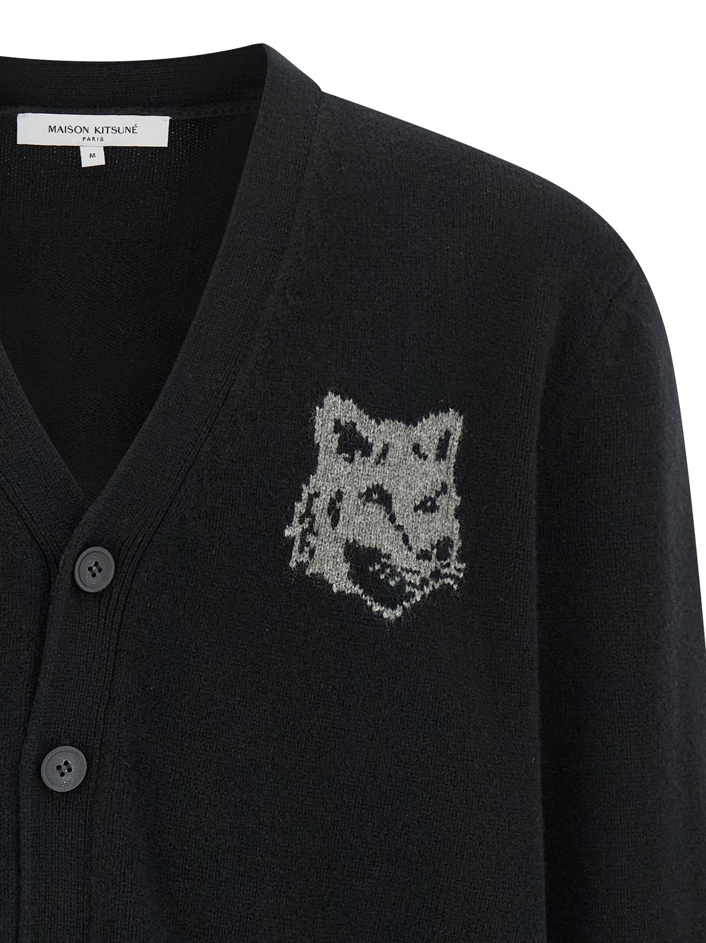 Cardigan by Maison Kitsuné for men in merino wool black presents a textural silhouette, artfully finished with a textural v-neck neckline and for a sophisticated, textural look.