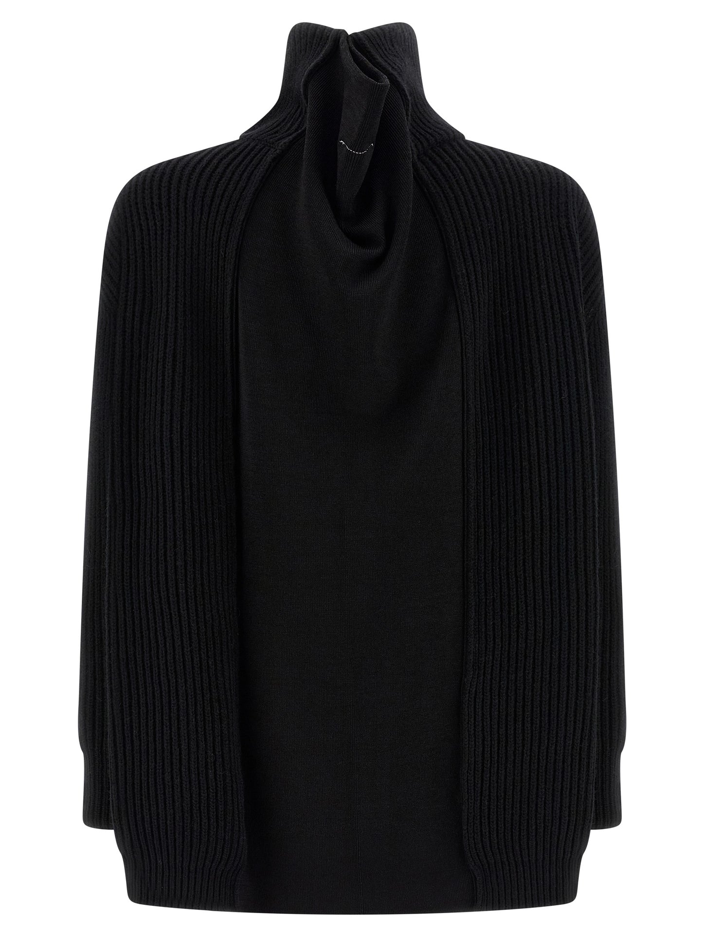 Dress by MM6 Maison Margiela for women in polyamide viscose wool black, white & signature features a dramatic silhouette, showcasing an elegant high-neck neckline and that flows into a dramatic short mini.