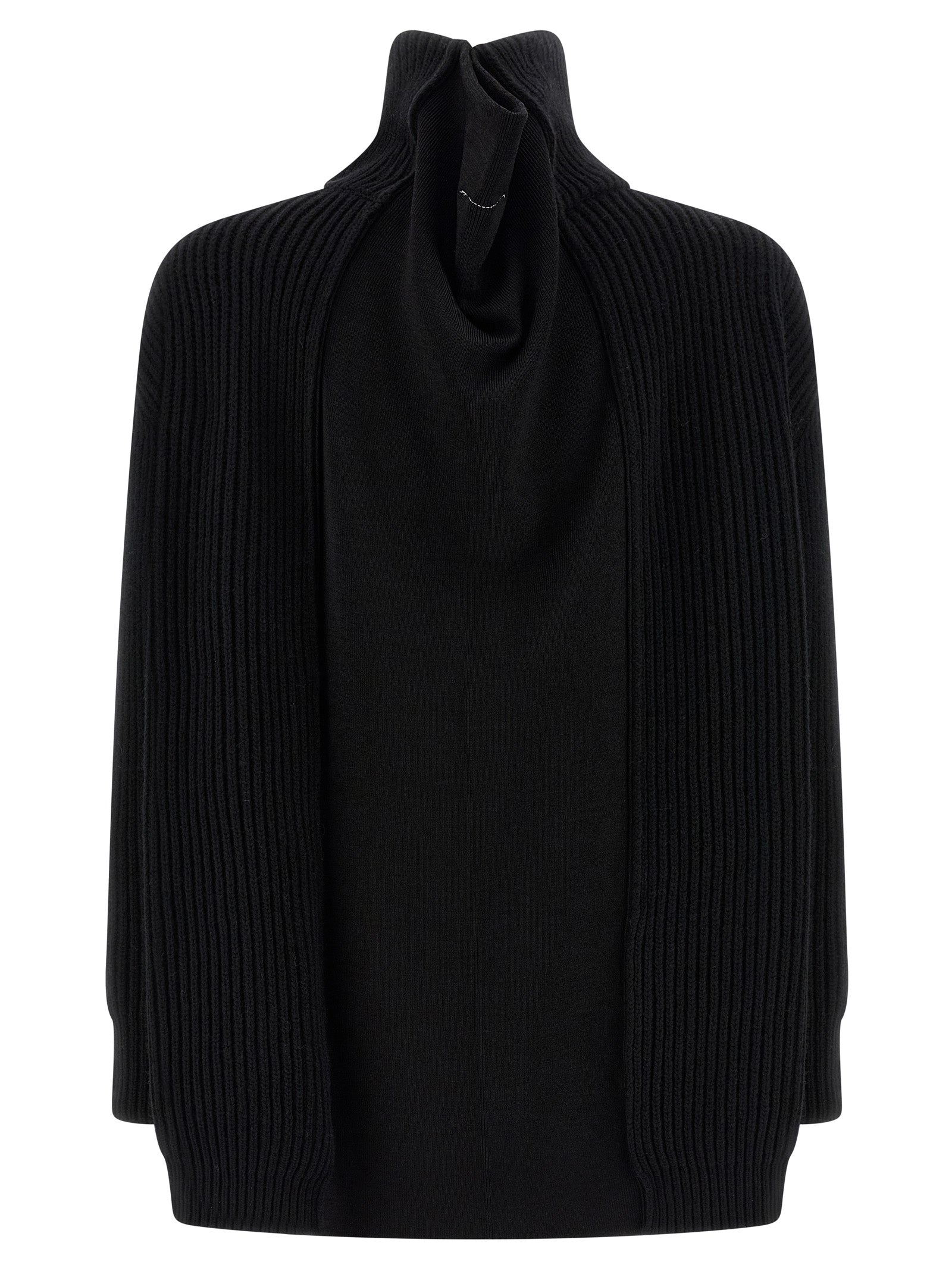 Dress by MM6 Maison Margiela for women in polyamide viscose wool black, white & signature features a dramatic silhouette, showcasing an elegant high-neck neckline and that flows into a dramatic short mini.