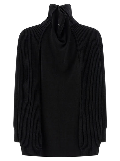 Dress by MM6 Maison Margiela for women in polyamide viscose wool black, white & signature features a dramatic silhouette, showcasing an elegant high-neck neckline and that flows into a dramatic short mini.