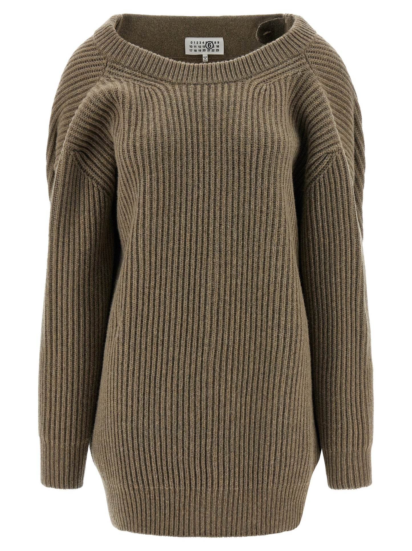 Dress by MM6 Maison Margiela for women in polyester & virgin wool beige, white & signature features a dramatic silhouette, showcasing an elegant crew neckline and that flows into a dramatic short mini.