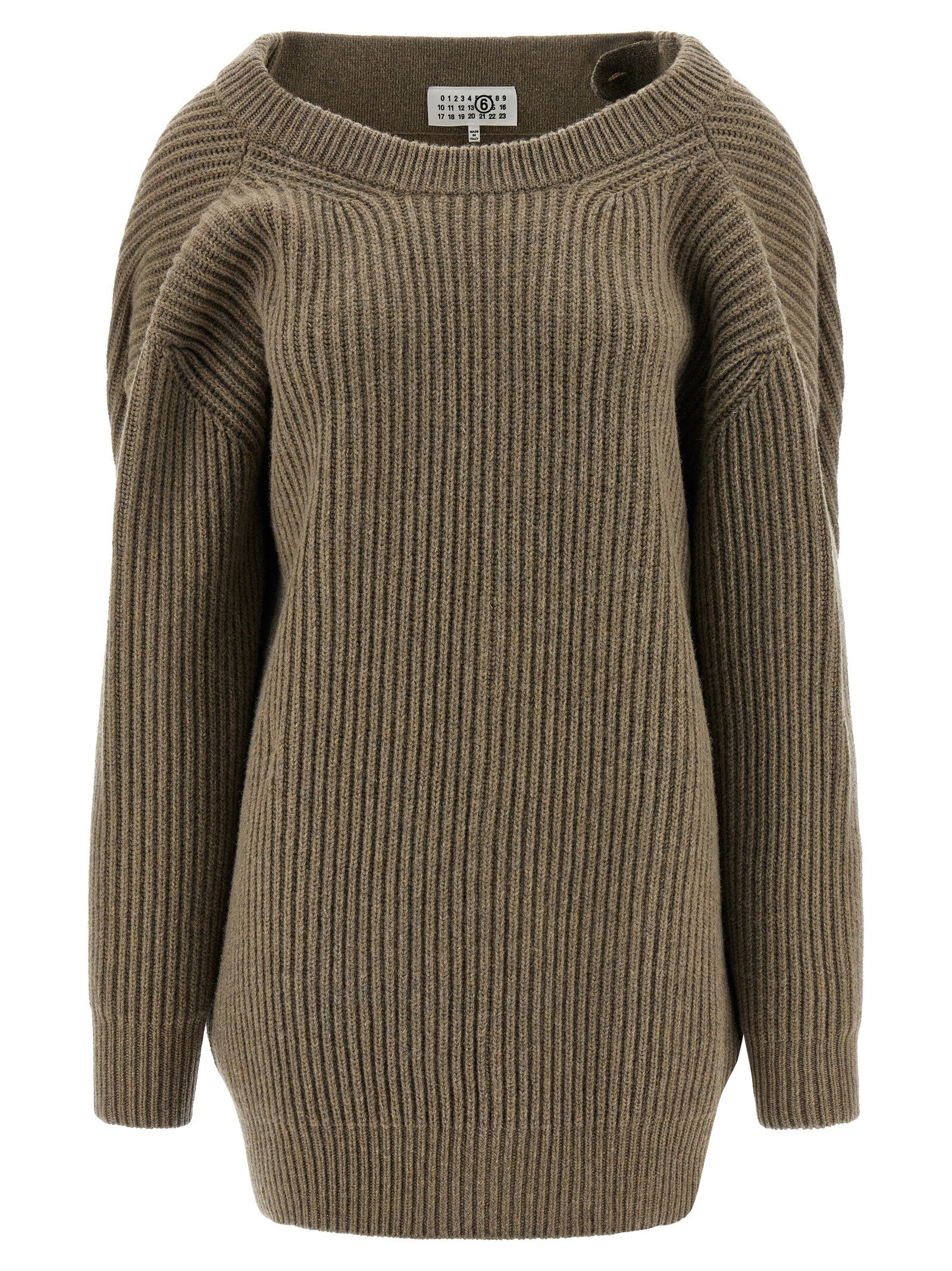 Dress by MM6 Maison Margiela for women in polyester & virgin wool beige, white & signature features a dramatic silhouette, showcasing an elegant crew neckline and that flows into a dramatic short mini.