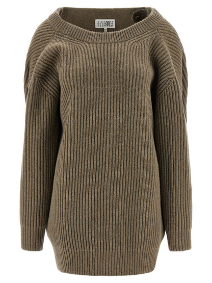 Dress by MM6 Maison Margiela for women in polyester & virgin wool beige, white & signature features a dramatic silhouette, showcasing an elegant crew neckline and that flows into a dramatic short mini.