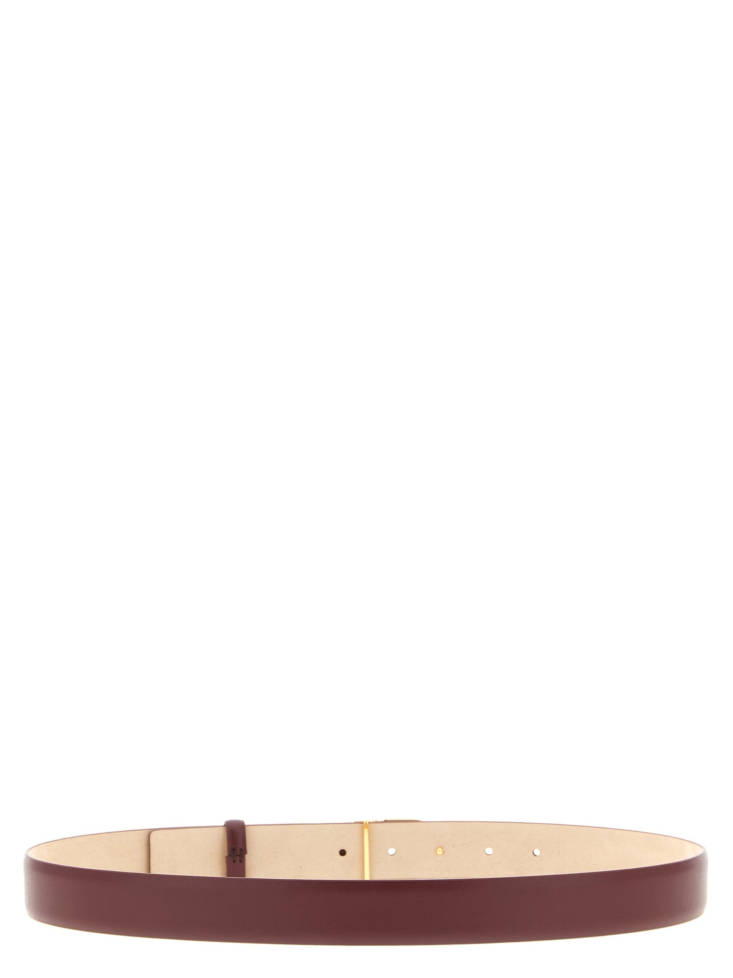 Belt by Khaite for women in calfskin & brass bordeaux & gold features an artisanal finish, elegantly showcasing the signature style and artisanal craftsmanship of the Calfskin & Brass Belt design.