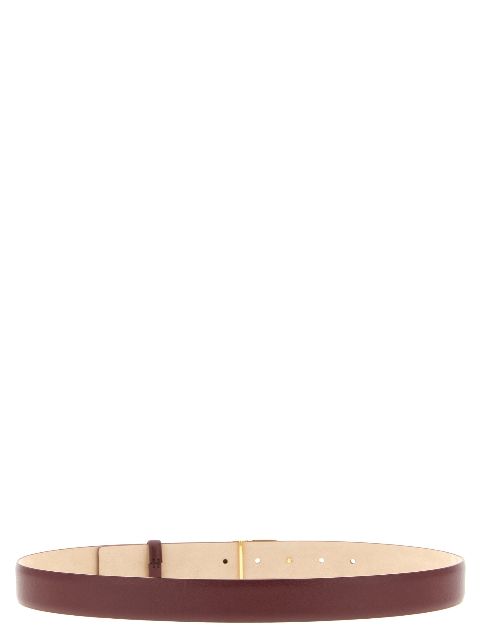 Belt by Khaite for women in calfskin & brass bordeaux & gold features an artisanal finish, elegantly showcasing the signature style and artisanal craftsmanship of the Calfskin & Brass Belt design.