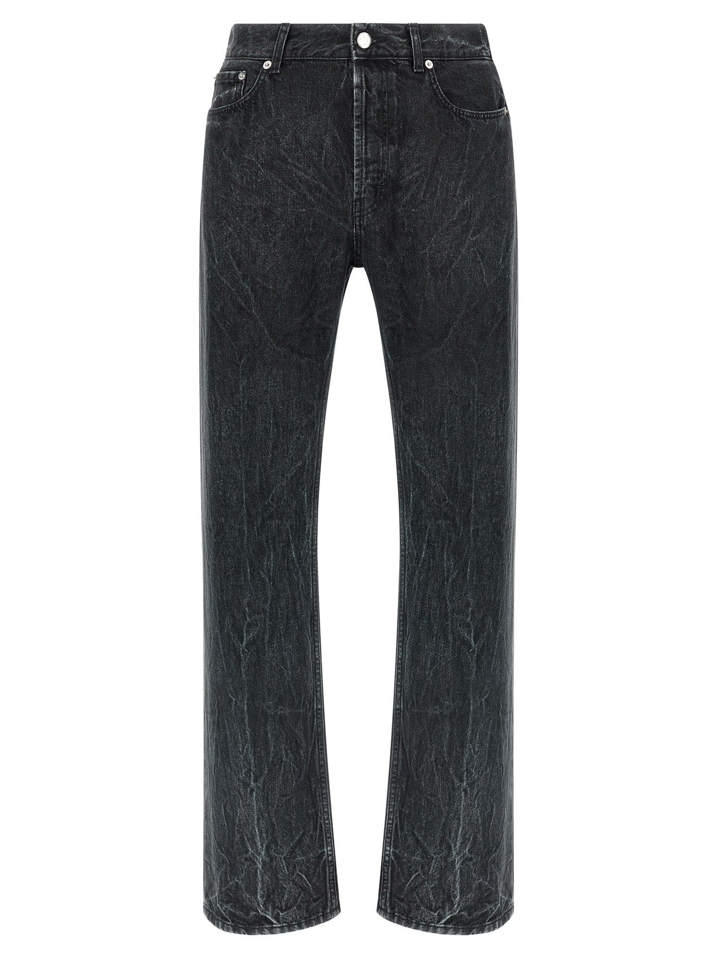 Jeans by SÉFR for men in denim cotton twill black presents a refined pantology silhouette, artfully defined by a refined pantology straight-leg & regular-fit, long, and a sophisticated .