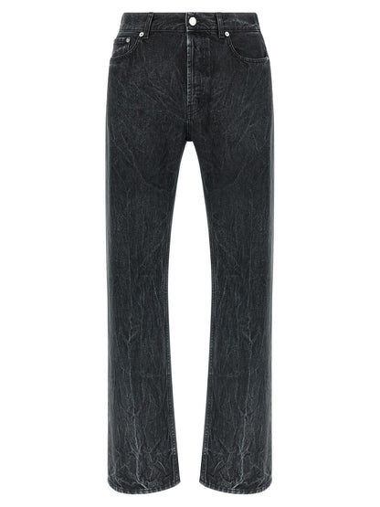 Jeans by SÉFR for men in denim cotton twill black presents a refined pantology silhouette, artfully defined by a refined pantology straight-leg & regular-fit, long, and a sophisticated .