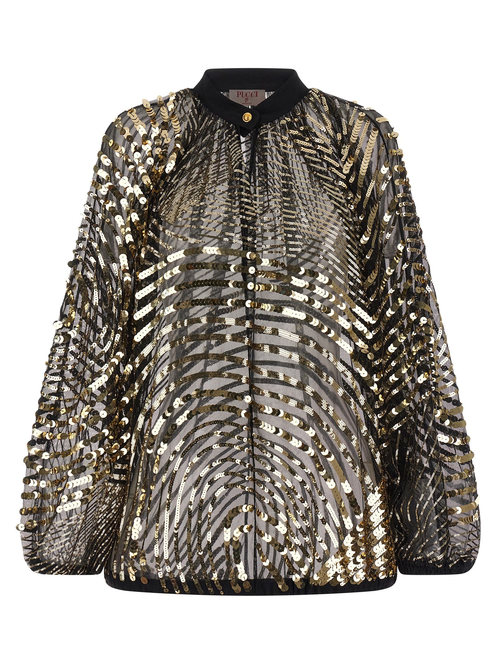 Blouse by Emilio Pucci for women in polyamide sequins black, transparent & patterned presents a discerning silhouette, showcasing a sophisticated crew neckline and three-quarter-sleeve for a truly discerning finish.